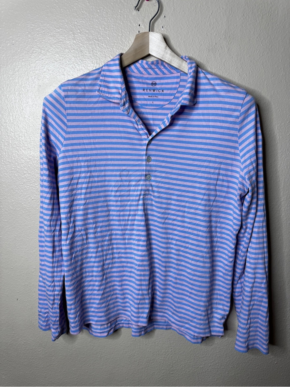 Renwick Polo Shirt Men's Medium Large Blue Pink Striped Long Sleeve Pima Cotton
